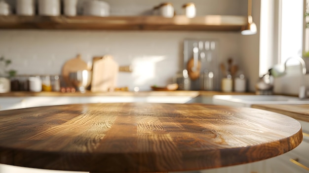 Empty beautiful round wood tabletop counter on interior in clean and bright kitchen Generative AI