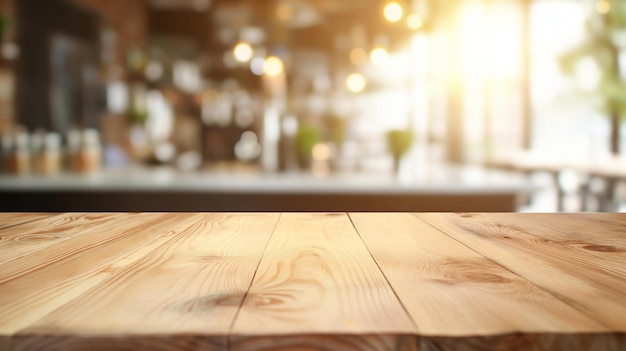 Empty beautiful wood table and blur bokeh modern kitchen interior background in clean and bright