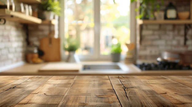 Empty beautiful wood table top counter and blur bokeh modern kitchen interior background in clean an