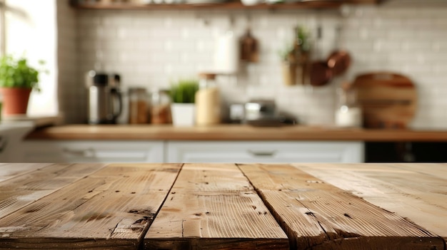 Empty beautiful wood table top counter and blur bokeh modern kitchen interior background in clean an