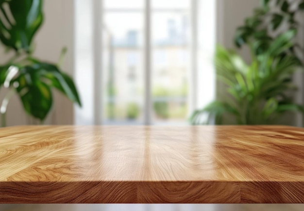 Empty beautiful wood tabletop surface on interior in clean and bright background