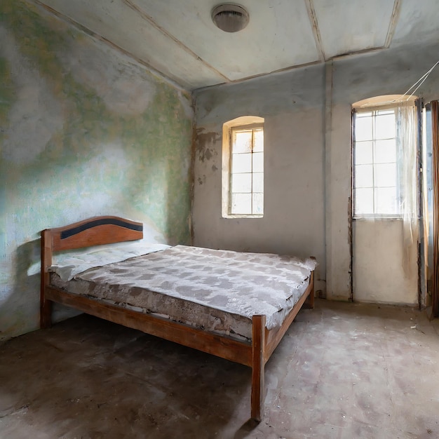 Photo empty bedroom in the house bed and old dirty floor