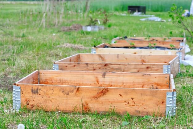 Empty beds of wood ready for planting berries