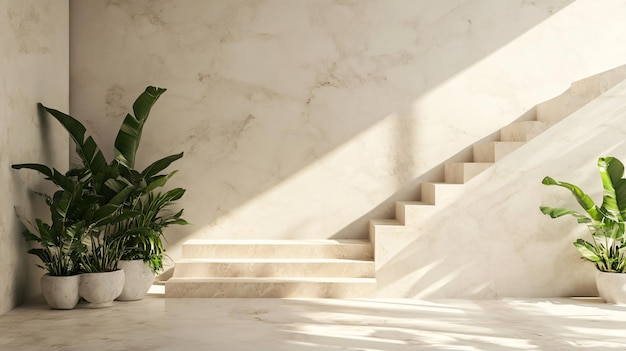 Empty Beige Marble Interior with Stairs and Plants