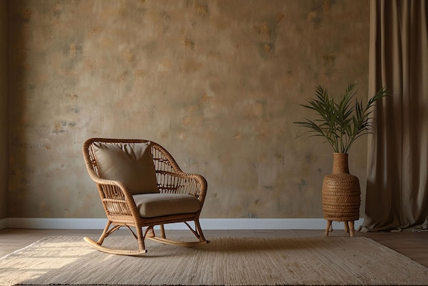 Empty beige wall mockup in boho room interior with wicker armchair and vase Natural daylight from a window