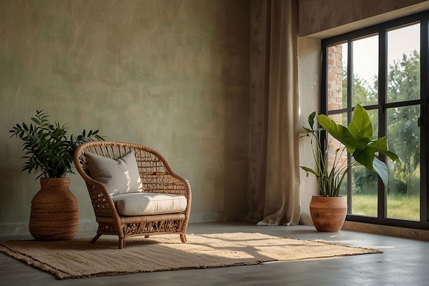 Empty beige wall mockup in boho room interior with wicker armchair and vase Natural daylight from a window