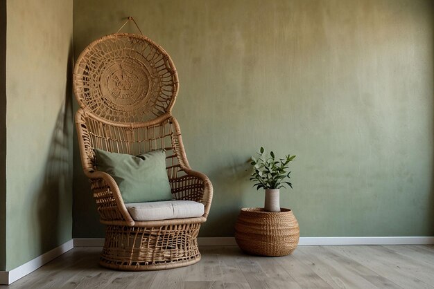 Empty beige wall mockup in boho room interior with wicker armchair and vase Natural daylight from a window