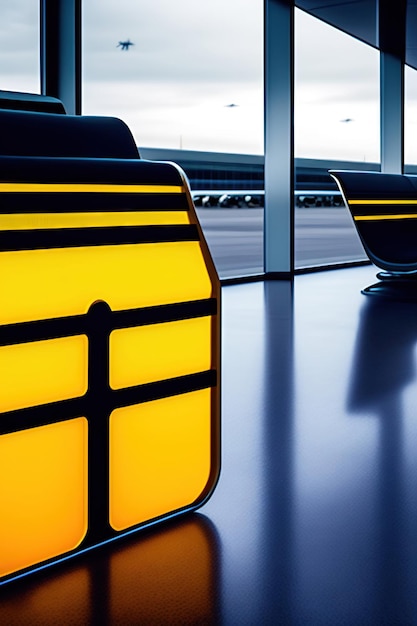 Empty benches at airport terminal with big windows