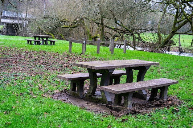 Empty benches with tables for tourists to rest on the green grass near the river A place of rest for tourists and travelers