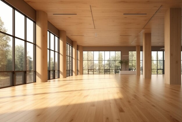 Empty big office interior with wood design generative ai