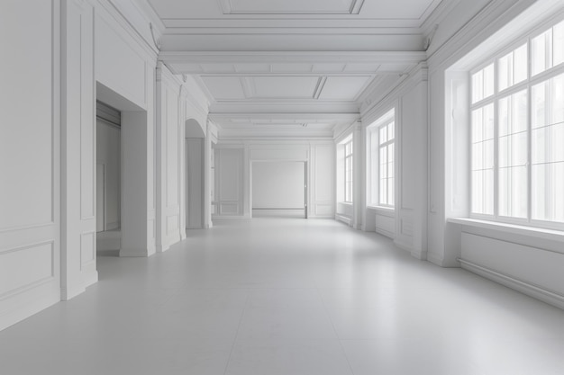 Empty Big Room with White Walls and Floor Minimalistic Design