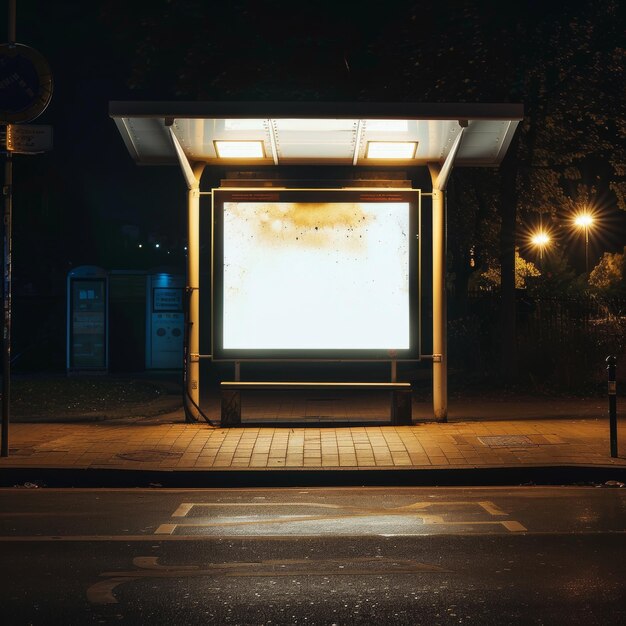 Photo empty billboard advertising poster at a bus stop illuminated by streetlights at night