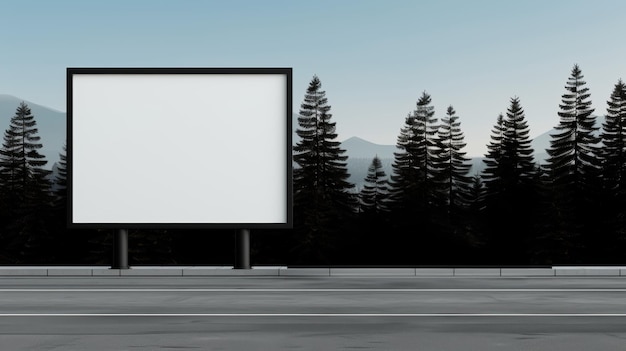 Empty billboard on a roadside set against a scenic background with trees and mountains