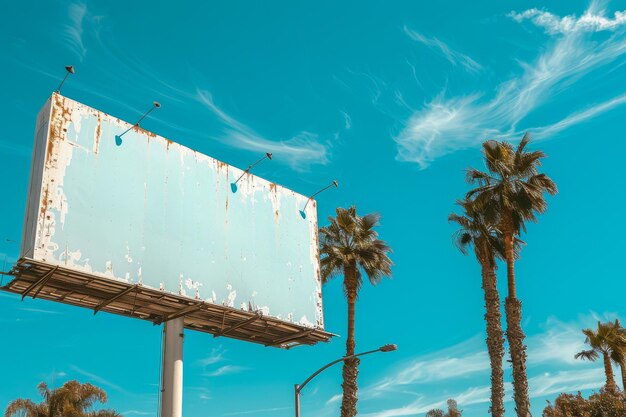 An empty billboard stands tall under a clear blue sky flanked by towering palm trees offering a perfect canvas for advertising