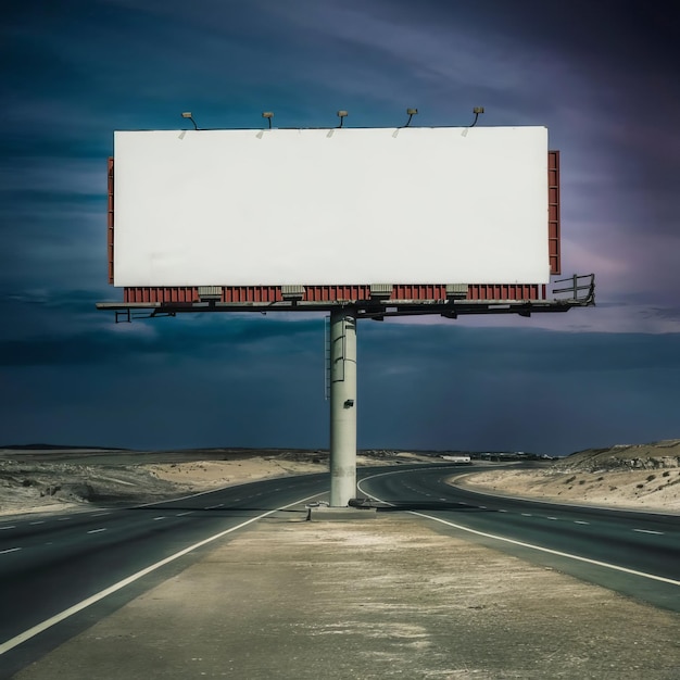 An empty billboard stands tall and imposing on a deserted highway