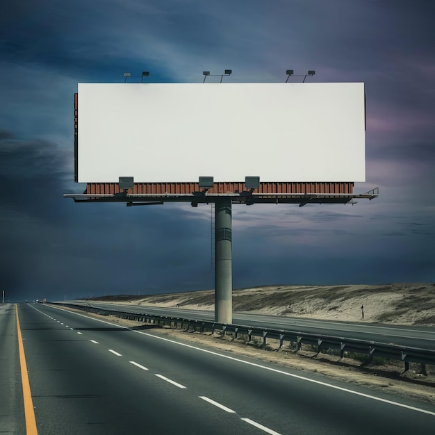 An empty billboard stands tall and imposing on a deserted highway