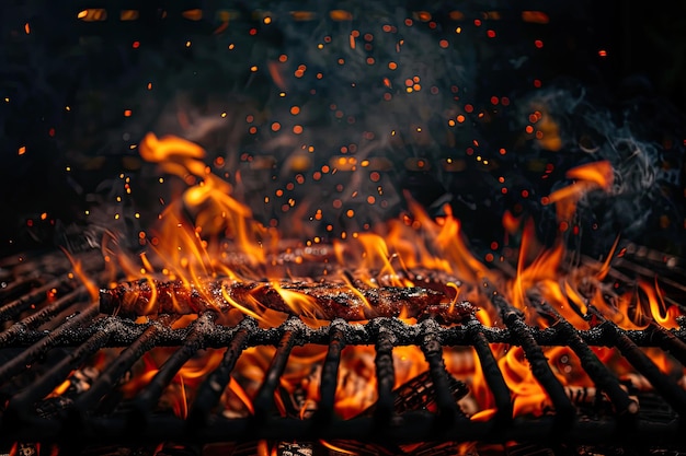 Empty black background with barbecued flames on grill