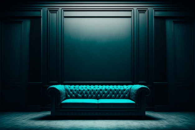 Empty black big room degradade with a turquoise sofa