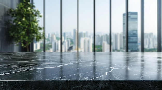 Photo empty black marble stone table top and blur glass