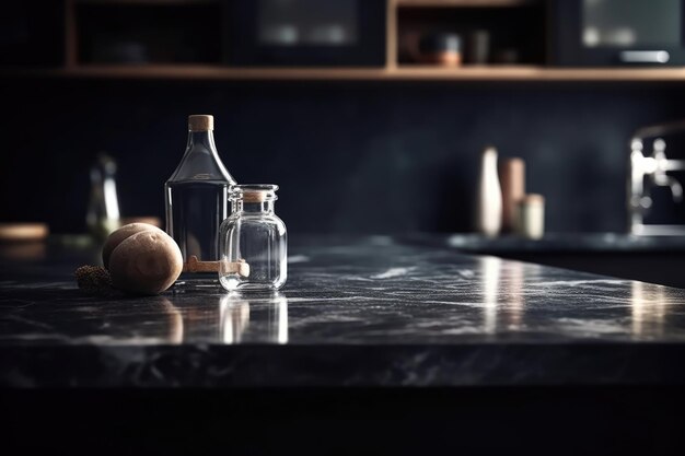 Empty black marble table and blurred white kitchen black wall kitchen for product display mockup