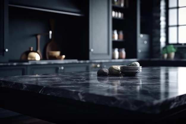 Empty black marble table and blurred white kitchen black wall for product display mockup