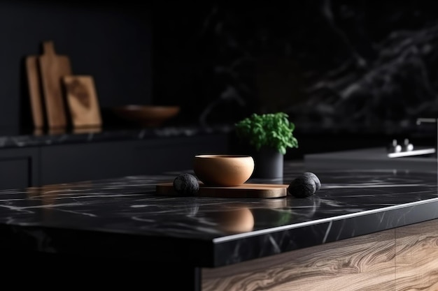 Empty black marble table and blurred white kitchen black wall for product display mockup