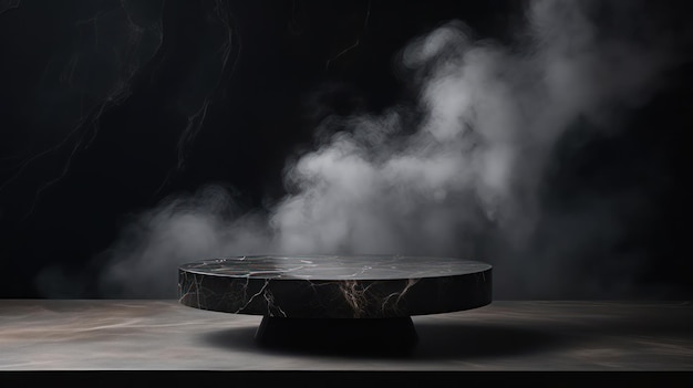 empty black marble table podium with black stone floor in dark room with smoke