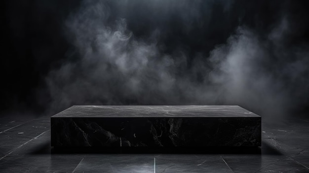 Empty black marble tabletop podium with smoke