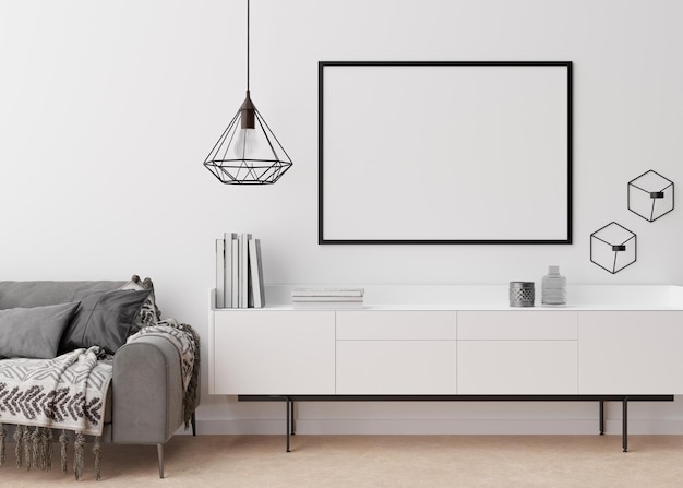 Empty black picture frame on white wall in modern living room Mock up interior in contemporary style Free space copy space for your picture poster Sofa sideboard lamp books 3D rendering