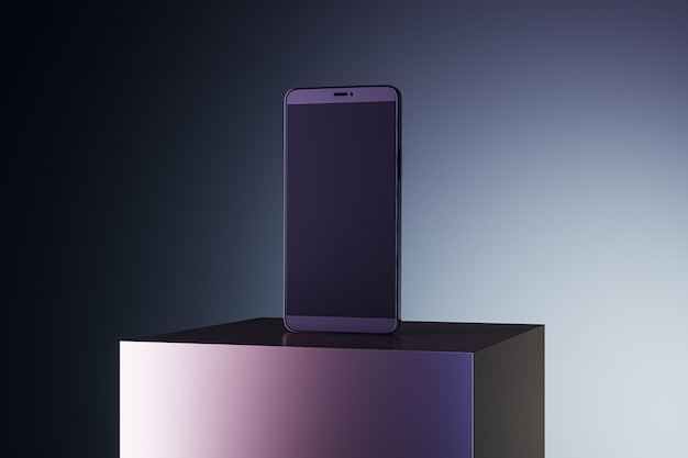 Empty black screen smartphone on creative square pedestal placed on gradient background with mock up place Ad concept 3D Rendering