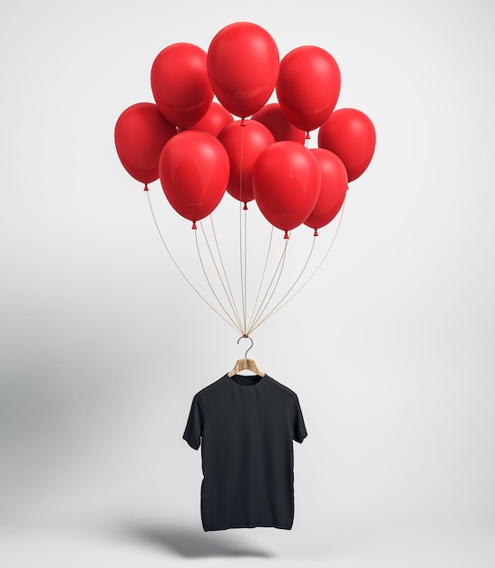 Empty black shirt with red balloons on white background with shadow Shop opening celebration concept Mock up 3D Rendering