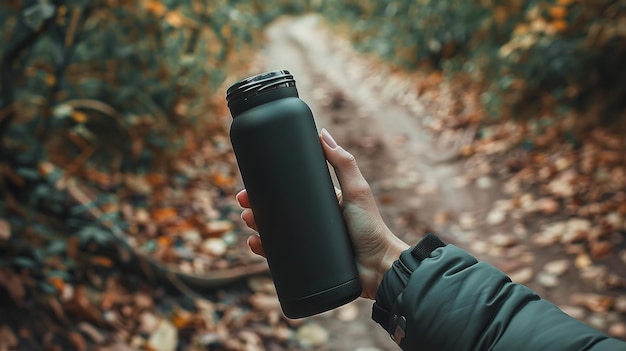 Photo an empty black tumbler drinking bottle is held in a womans hand generative ai