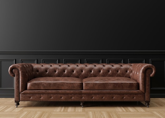 Empty black wall in modern living room. Mock up interior in classic style. Free space, copy space for your picture, text, or another design. Brown leather sofa. 3D rendering.