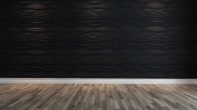 Empty black wave wall with spot light and parquet design idea