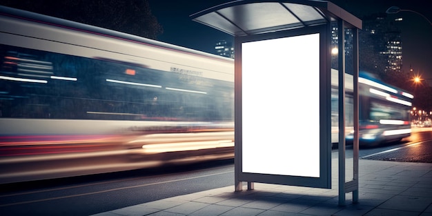 An empty blank billboard advertising poster at a bus stop at night Generative ai