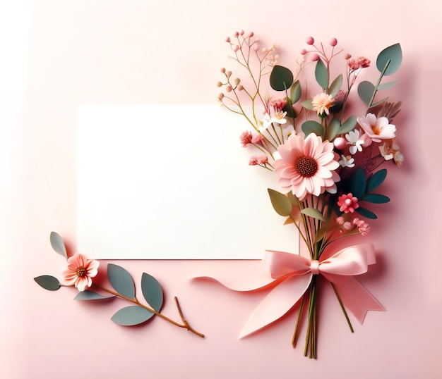 empty blank letter greeting card with decorated bouquet flowers and leaves on pink background