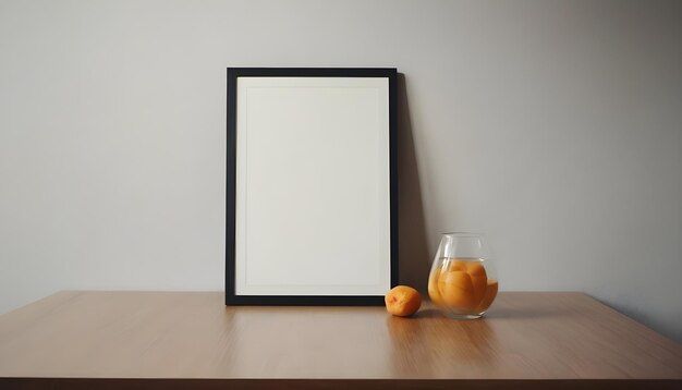 Empty or blank photo frame mockup hanging on wall in front of a table home decor