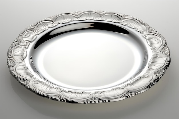 Empty or blank Silverware round shape Silver Plate with decorative border isolated over white