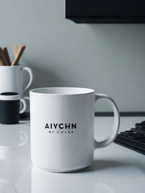 Empty blank white coffee mug mockup in a kitchen