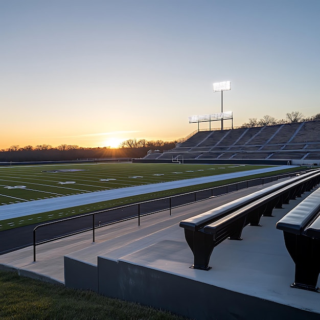 Empty Bleachers at a Football Stadium at Sunset