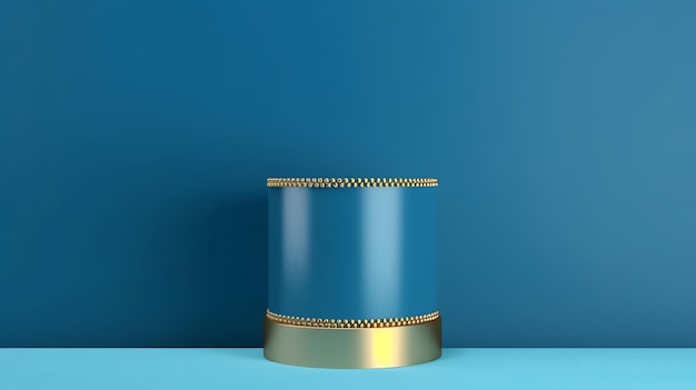 Empty Blue Cylinder Podium with Gold Border