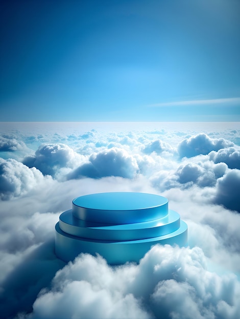 Empty blue podium in the clouds