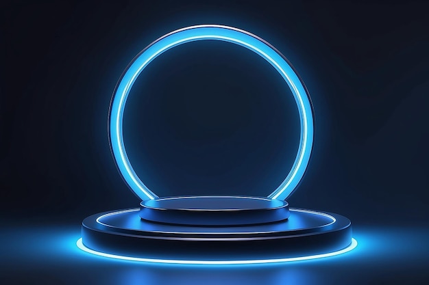 Empty blue podium floating in the air with blue neon ring on background