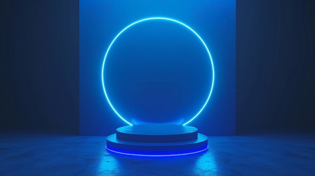 Empty blue podium floating in the air with blue neon ring on background