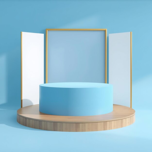 Empty blue product display podium with white panels and golden frame