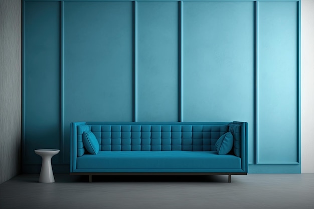 Empty blue wall in a bright room with a couch