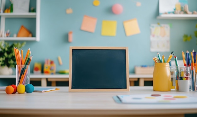 Photo empty board on a countertop surrounded by schoolthemed decorations