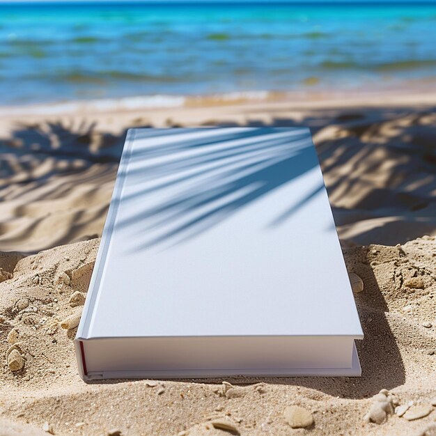 Empty book mockup on sandy beach generated by AI