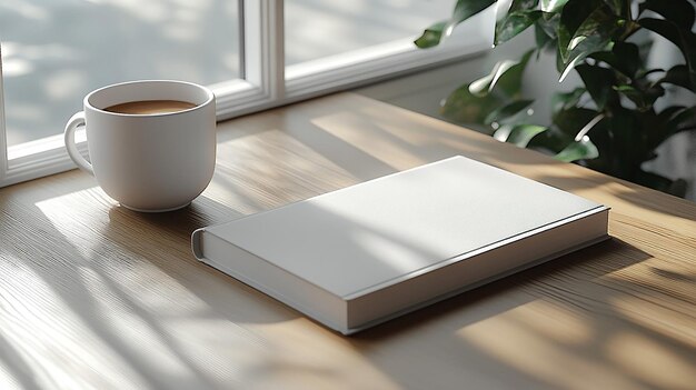 Photo empty book mockup on a table beside a coffee cup 3d rendered book cover template for design showcases