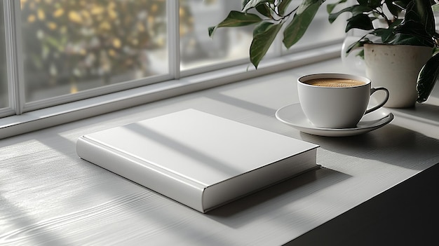 Empty book mockup on a table beside a coffee cup 3D rendered book cover template for design showcases